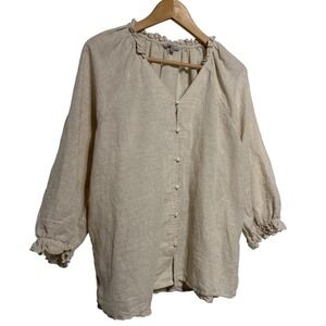 Hesters Orchard Linen Blend Ruffled Neck Button Front Top Beige Women's Size M